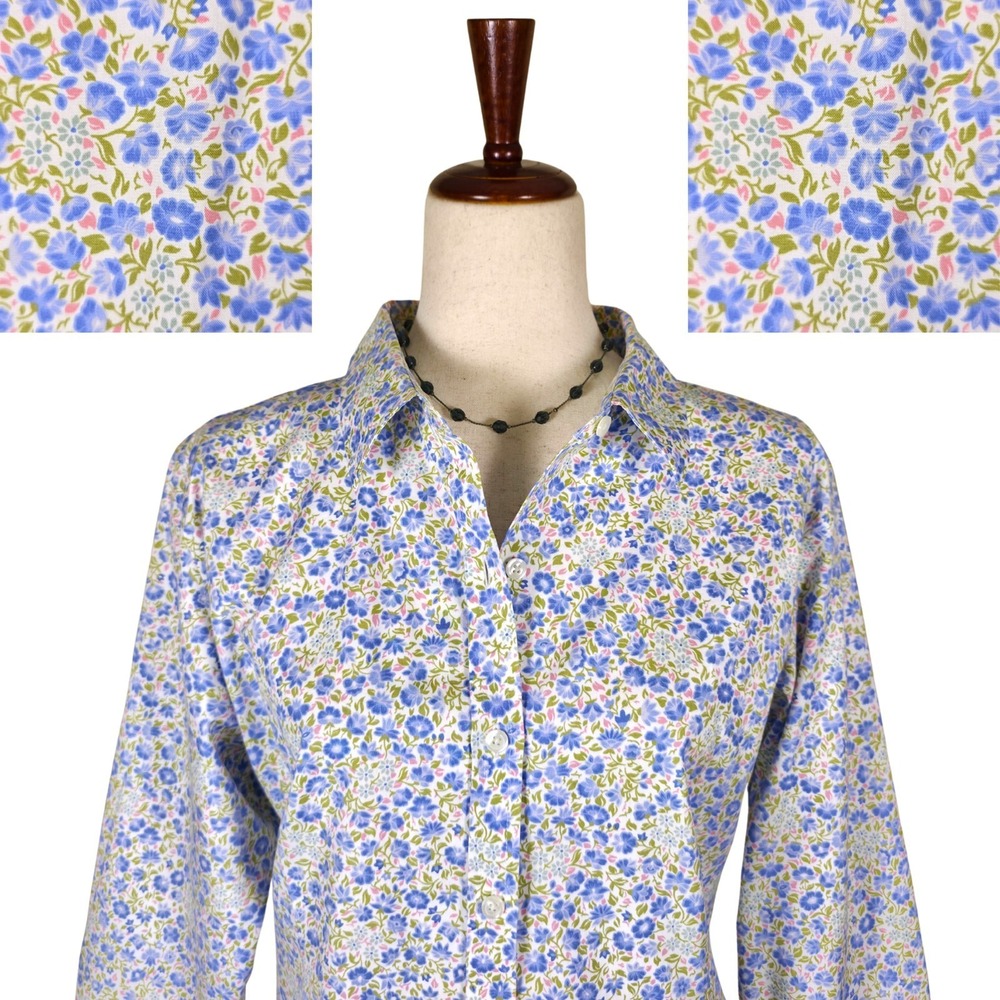 LL Bean Blouse Size L Blue & Pink Ditsy Floral Button Down Cottagecore Garden 🌸
